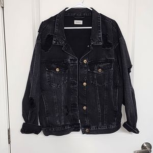 Black, distressed, oversized, denim, jacket.